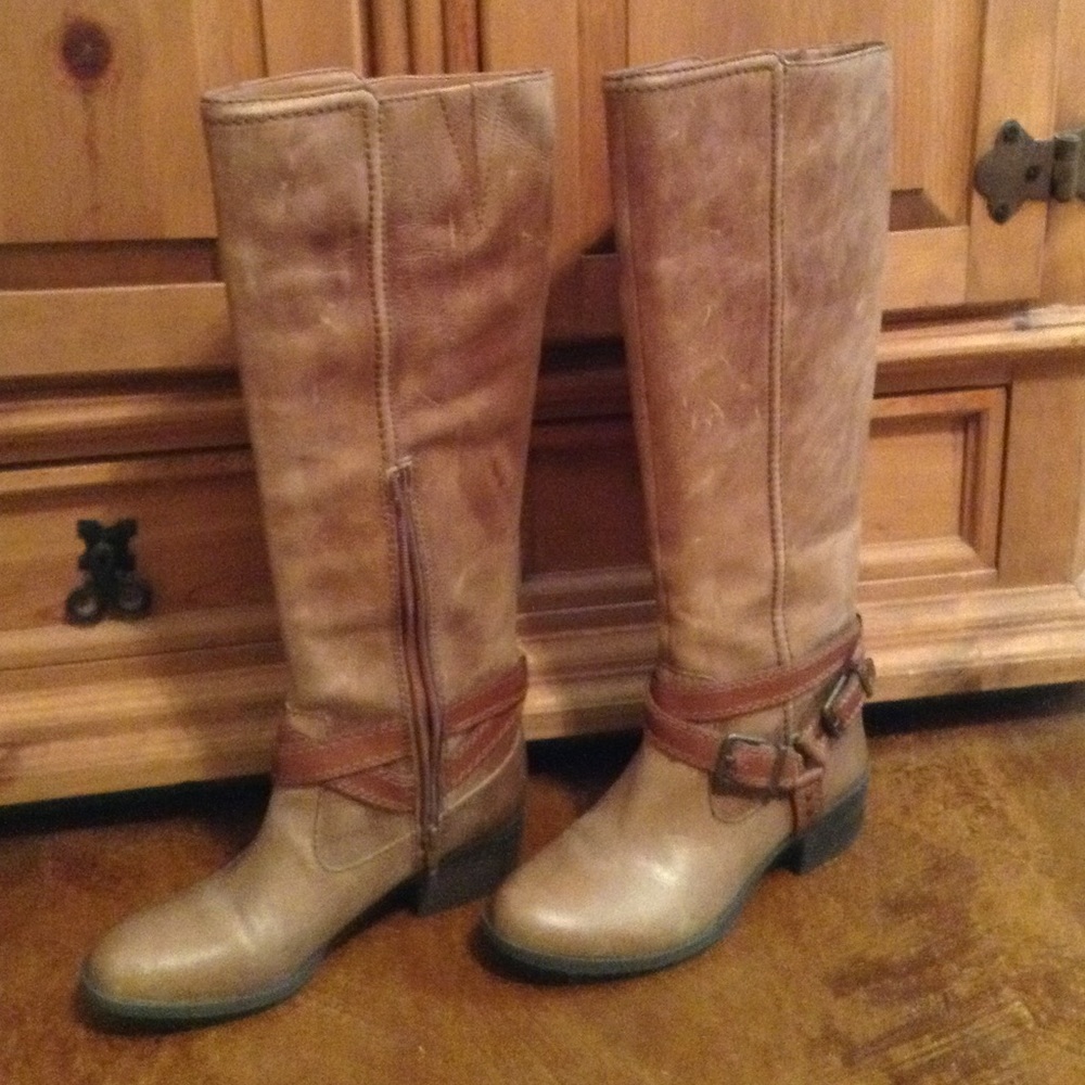 Gianni Bini Tall Leather Riding Harness Boots Zipper Decorative Buckles SZ 7